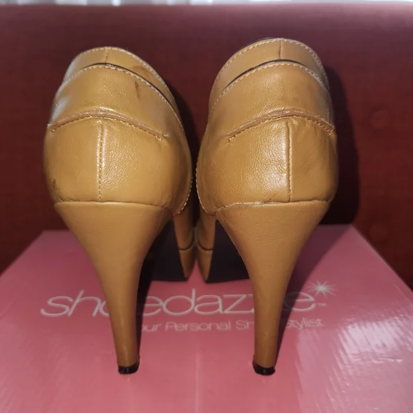 Women's Tan Peep Toe 4in High Heels By Shoe Dazzle Sz 7.5 - Picture 9 of 15